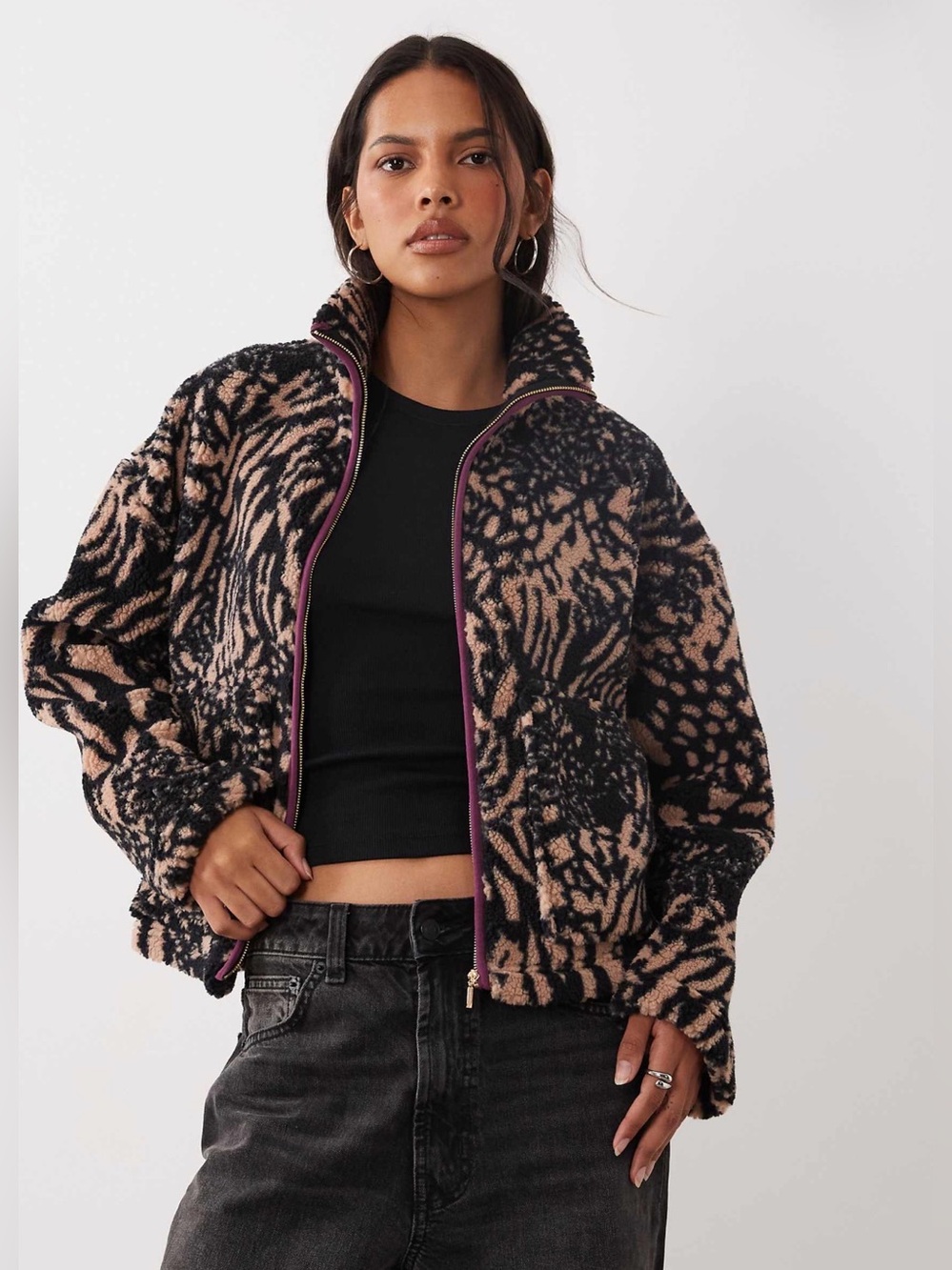Brave Soul zip up fleece with contrasting zip in brown animal print